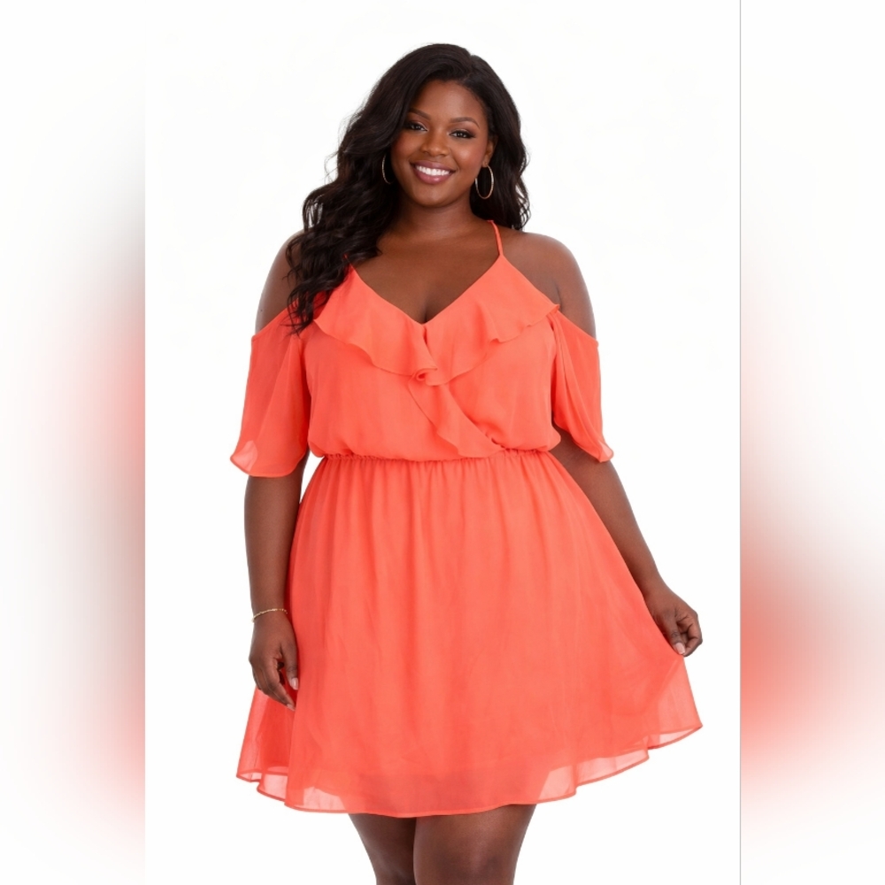 Charles Henry Coral Cold-Shoulder Mini Dress